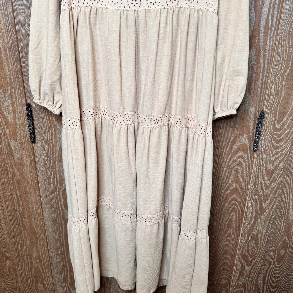Modern Tan Farmhouse Eyelet Tiered Modest Maxi Dress Long Sleeve Women M Cottage - Picture 3 of 10